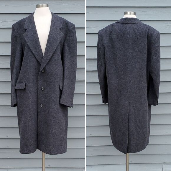 Vintage 80s Retro Preppy Acadamia Charcoal Gray Wool Long Mens Trench Coat XL - Picture 7 of 7
